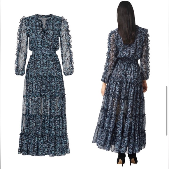 Misa Los Angeles Dresses & Skirts - MISA Floral Chiffon Puffed Long Sleeve Smocked Waist Ruffle Tier Maxi Dress XS